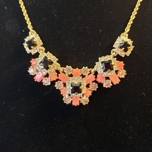 Kate Spade New York Salmon Pink Black & Clear Crystal Flowers Statement Necklace